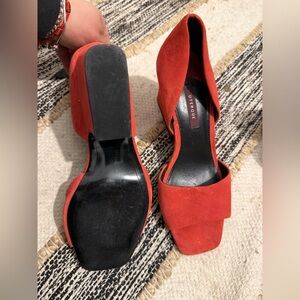 Uterque Coral-Red Suede Open-Toe Block Heels